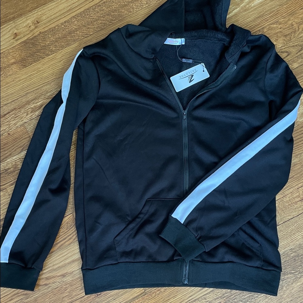 Women’s Black Zip Hoodie with White Sleeve Stripes Size Sm